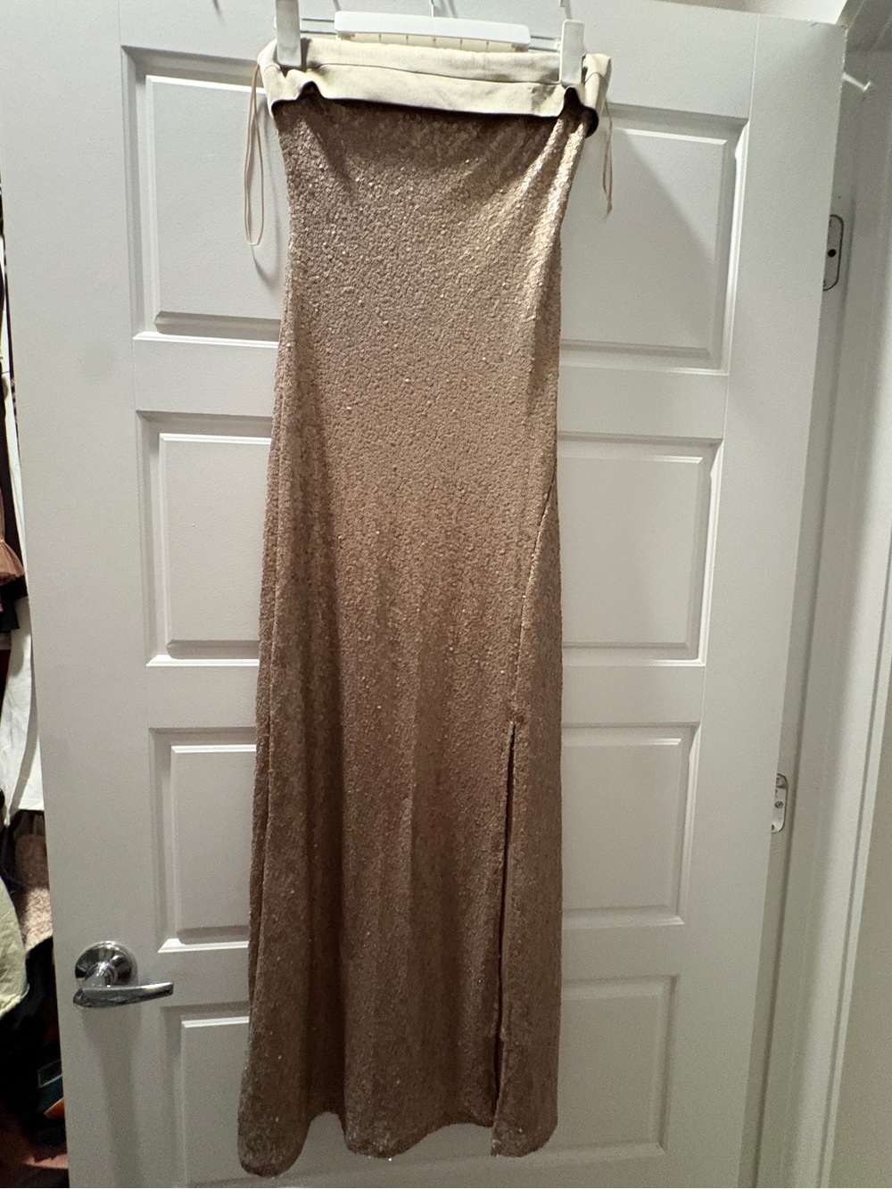 Altar'd State Champagne Strapless Sequin Maxi Dress